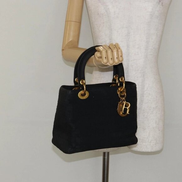 Dior Handbags - Christian Dior Lady Dior Canage Hand Bag Nylon Black Gold Auth BA7086